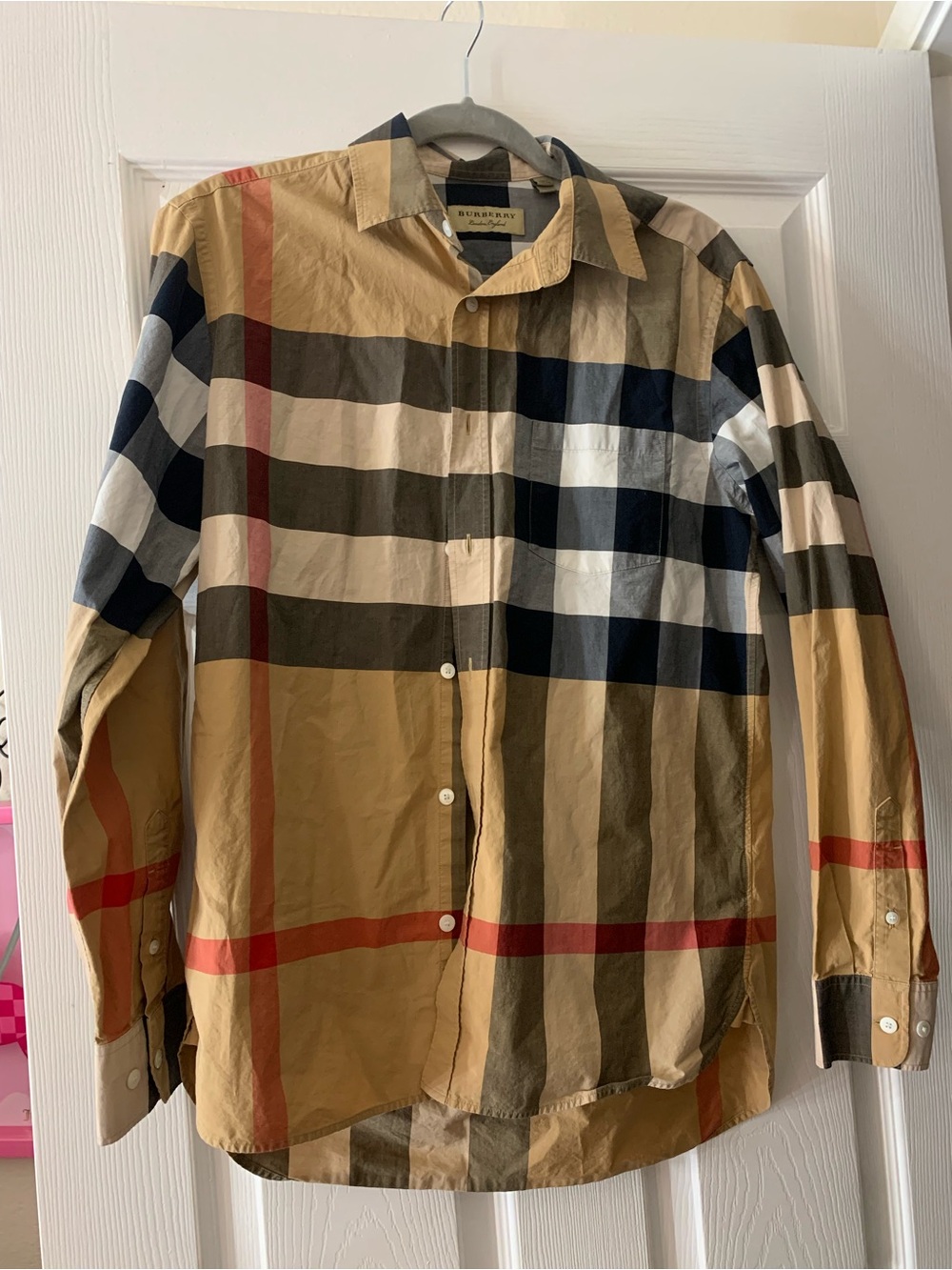 Burberry Men's Tan, Black & White Check Button-Down Shirt